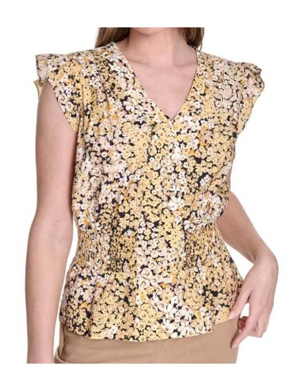 NWT Tommy Hilfiger Floral Smocked Waist Ruffle Sleeve Top L Deep Maize MSRP $69
